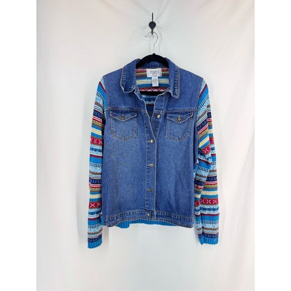 Cerville Women’s Multicolor Western Knit Sweater Denim Jean Jacket Medium - Picture 1 of 9